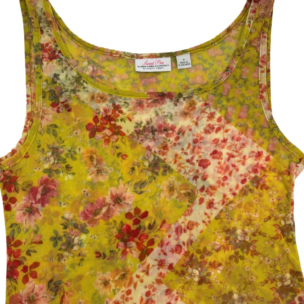 Y2K Women Medium Tank Top Floral Mesh Patchwork Sleeveless Sheer Boho Whimsy